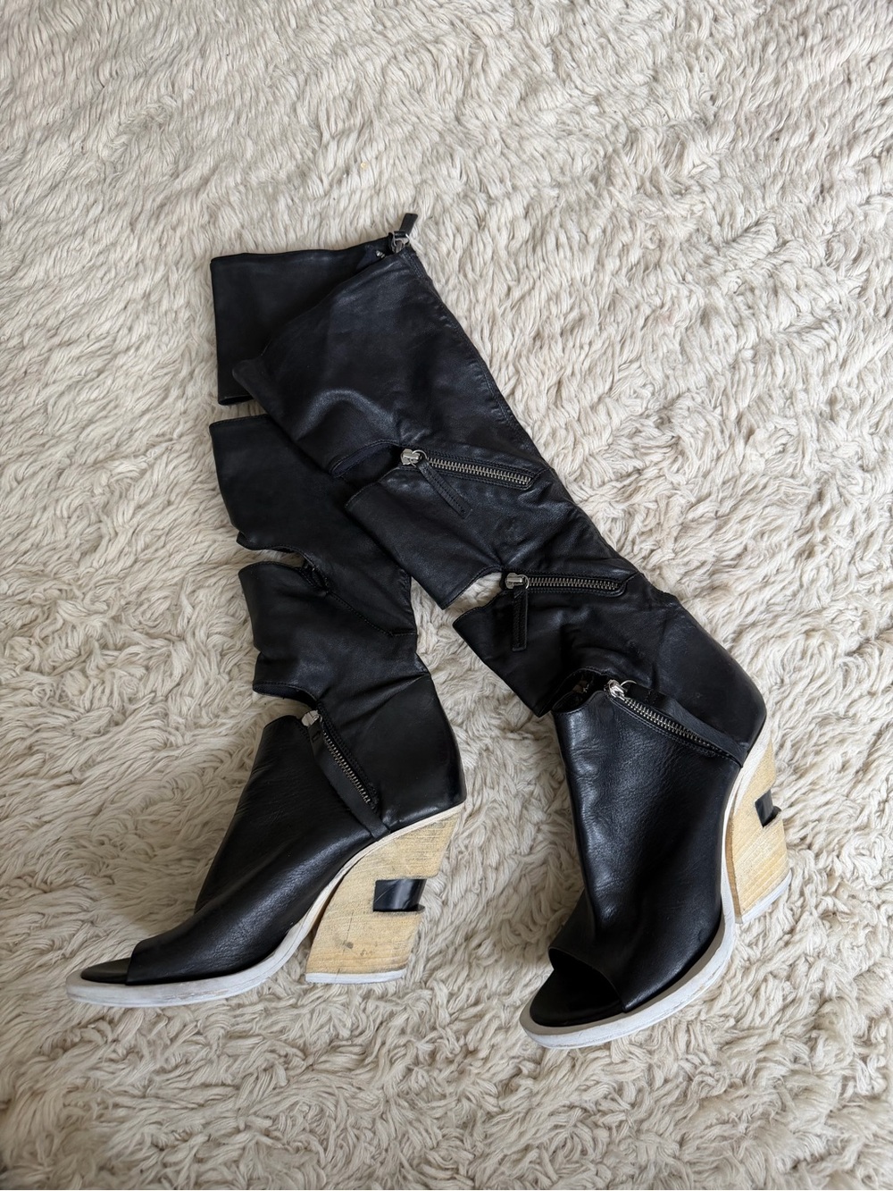 Cinzia Araia Wedge Peep-Toe Knee-High Heeled Boots in Black